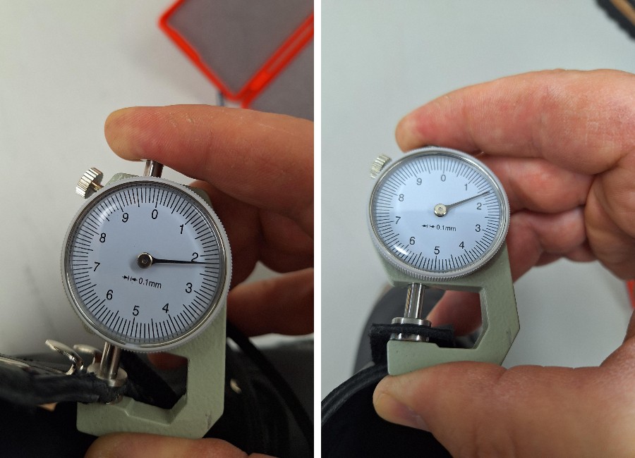 measuring the leather thickness for the uppers at about 2mm