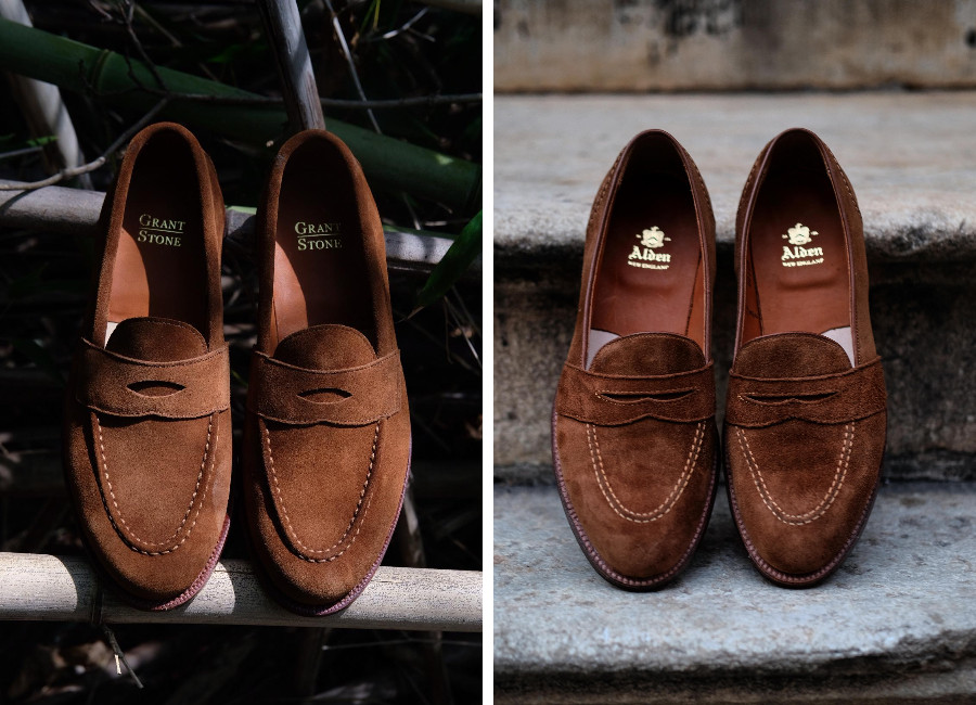 Left: Grant Stone's brown suede penny loafer. Right: Alden's brown suede Leisure Handsewn loafer