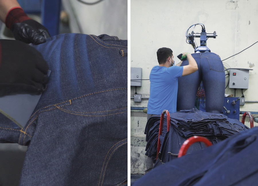 Sanding raw denim at Hiroshi kato