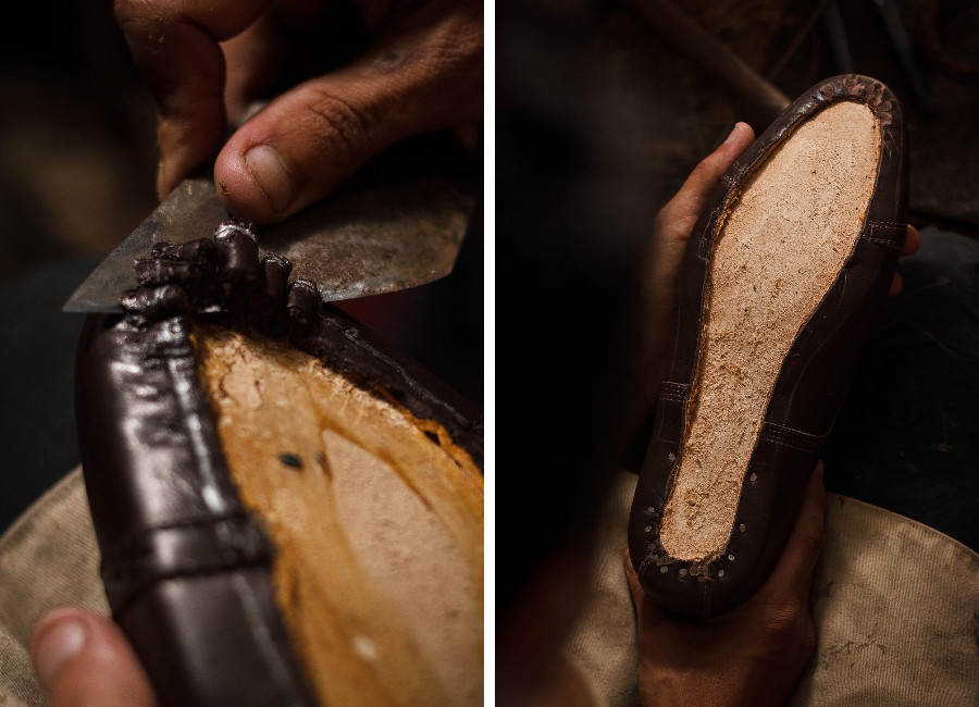 A bootmaker from Sagara removing excess leather from the boot