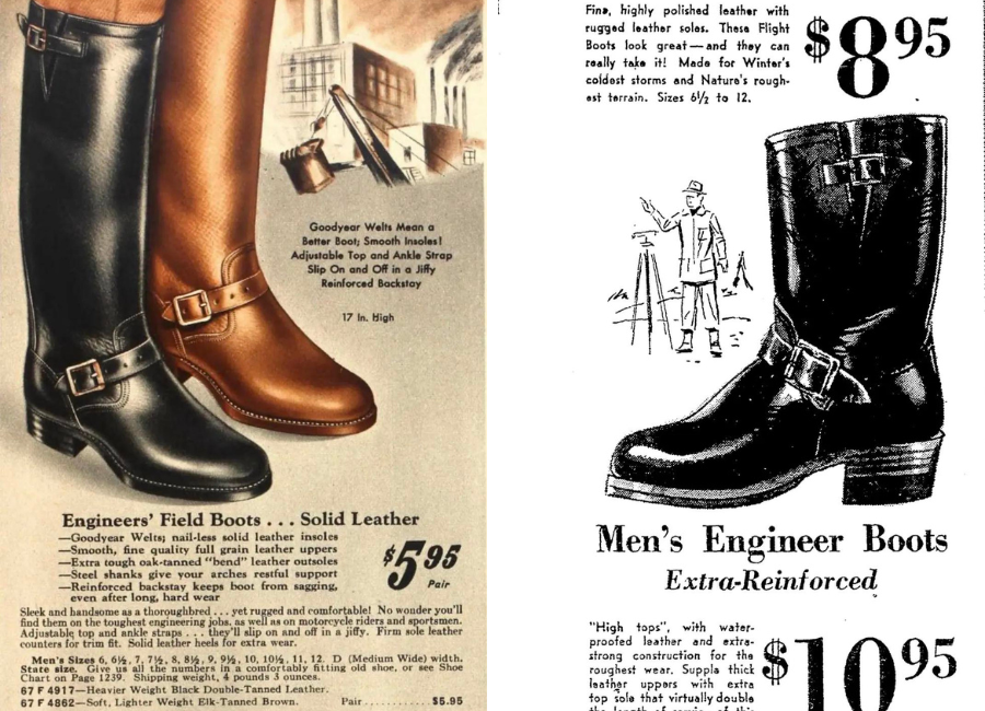 Left: Sears ad from 1940. Right: Unknown ad showing a surveryer tucking the boots into his pants