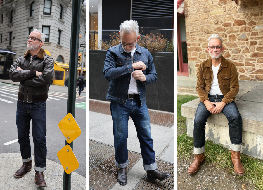 Albert wearing various styles of engineer boots with a variety of outfits