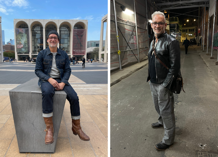 Left: Albert wearing denim on denim. Right: Leather jacket and engineering boots