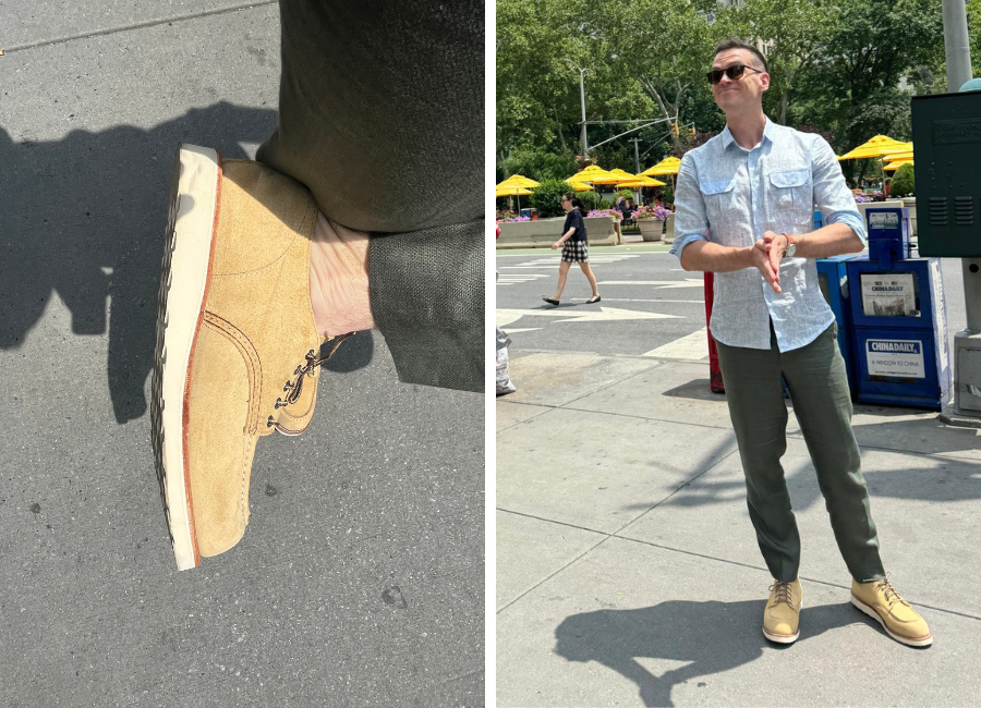 Red Wing's Moc Oxford with linen slacks and linen shirt