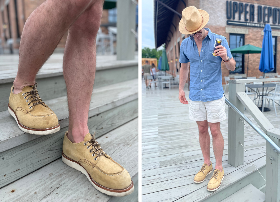 red wing's shop moc oxford with white shorts, a blue shirt and a straw hat