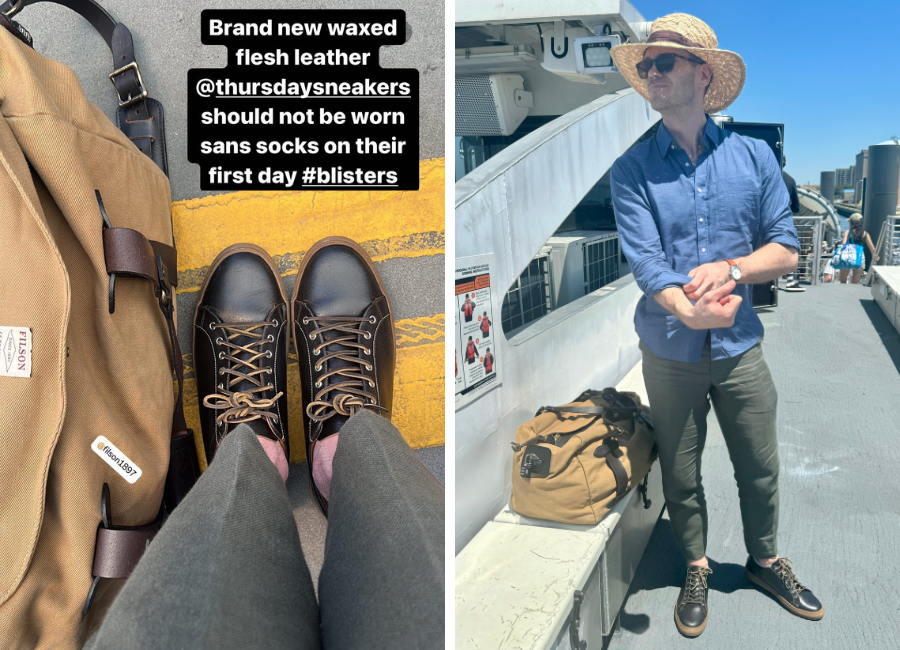 Thursday's waxed flesh leather sneakers, trousers, and straw hat