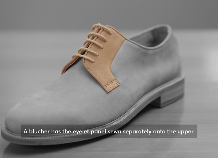 A blucher style shoe, the vamp is stitched on top of the uppers. This creates a more casual look