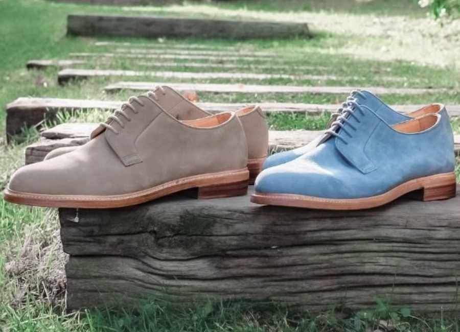 business casual shoes lighter colors, left sand colored suede, right light blue colored suede