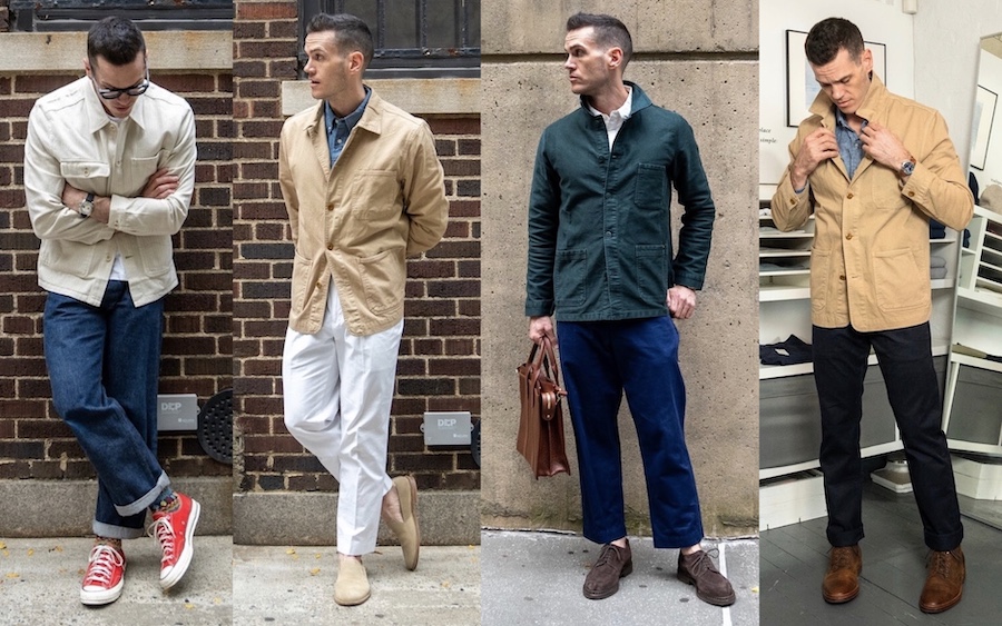 a range of outfits featuring french chore jackets