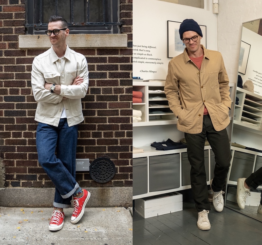 Two full-body pics of nick wearing a chore coat, one on left is white one on right is beige
