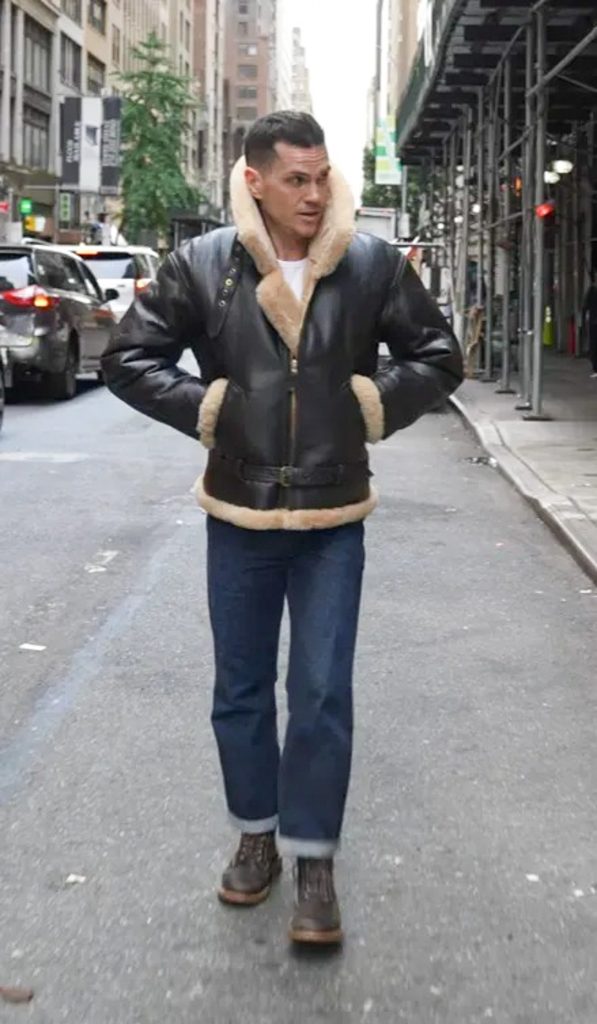 B3 shearling on nick walking down street