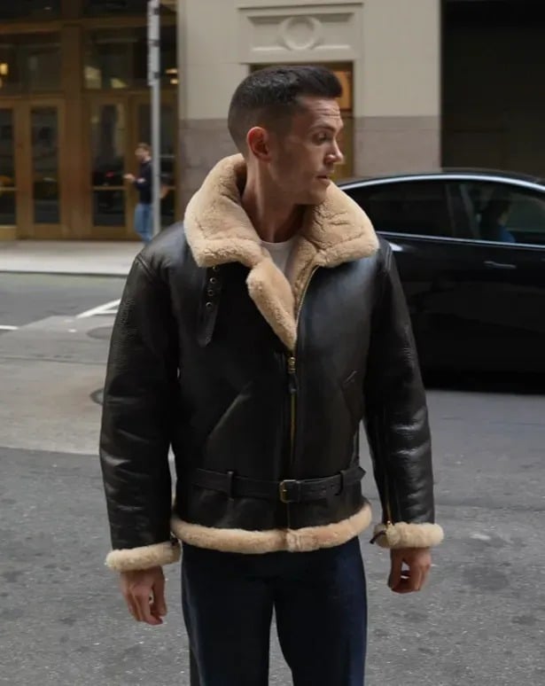 B3 shearling jacket on nick with his head to the side