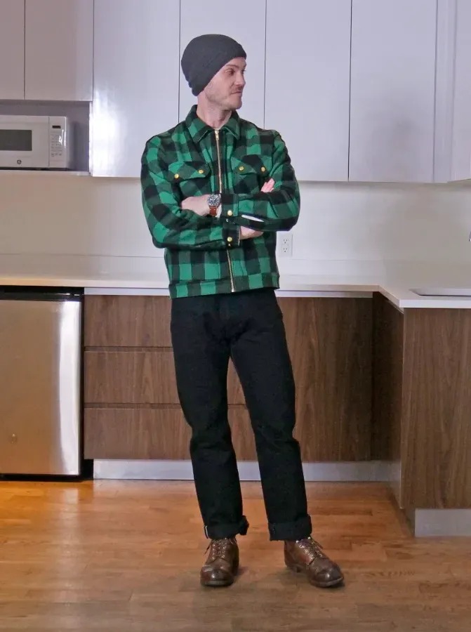 Nick in green flannel heat straps jacket