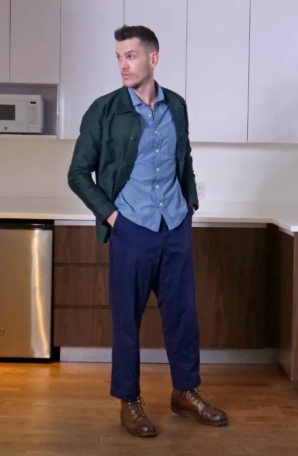 iron rangers styled with blue pants and green coat