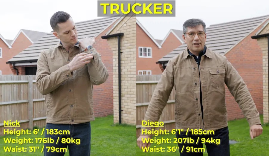 Trucker wax jacket, on nick and diego