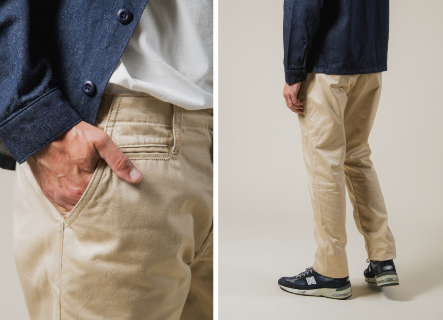 Benzak chinos from back and details of hands in pockets