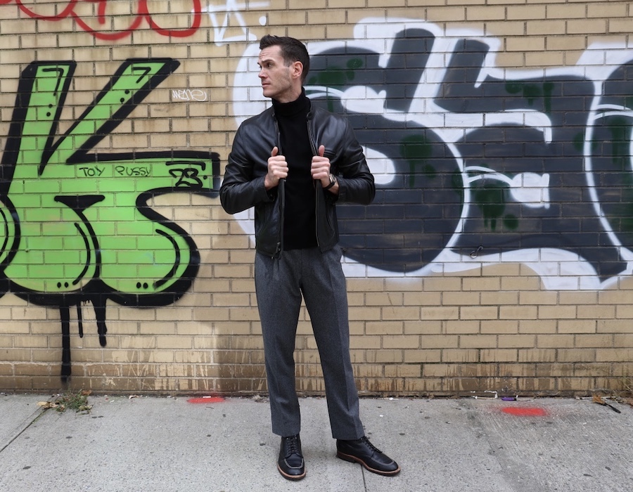 Black leather jacket turtleneck indy boots