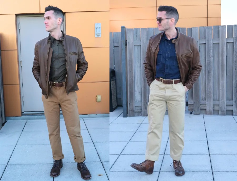 Brown leather jacket with chinos and work boots
