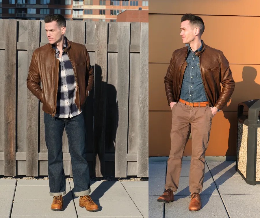 Brown leather jacket with workwear