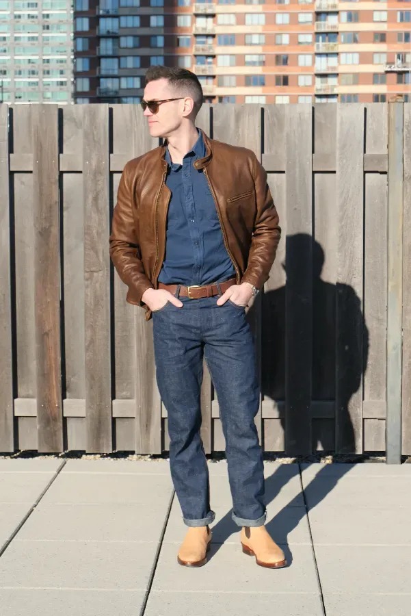 Brownjacket bluejeans blueshirt