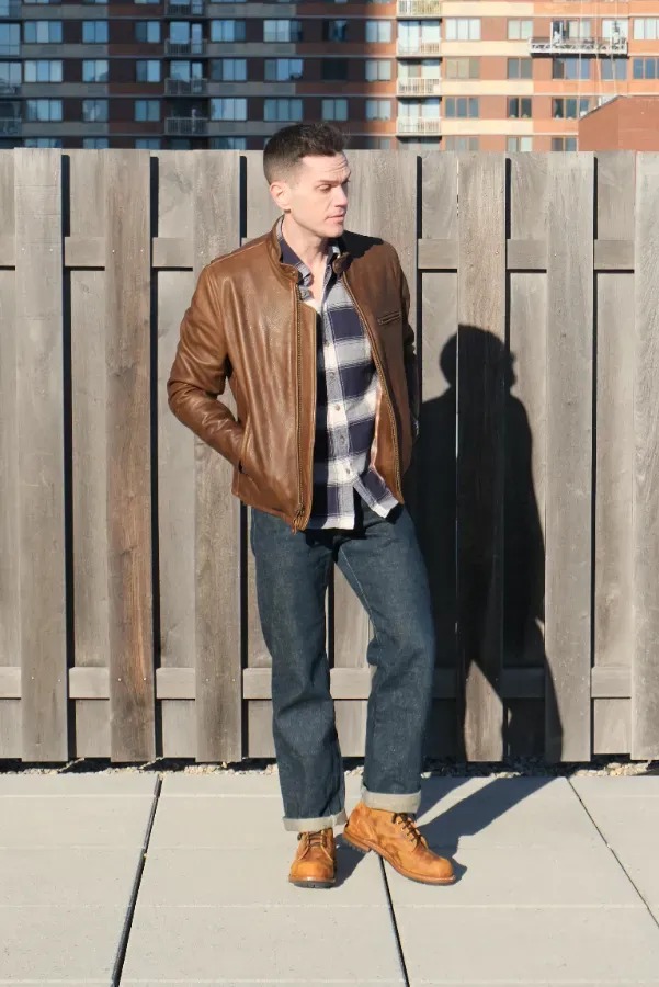 Brown jacket with plaid shirt and jeans