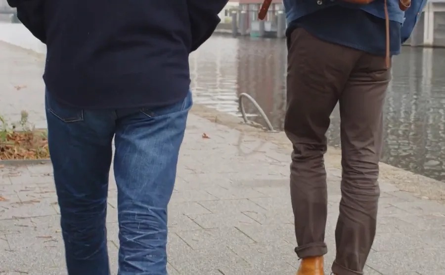 Denim pants and canvas pants from behind closer up