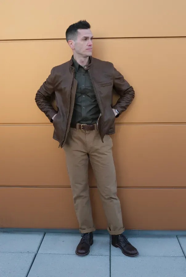 Green shirt brown jacket
