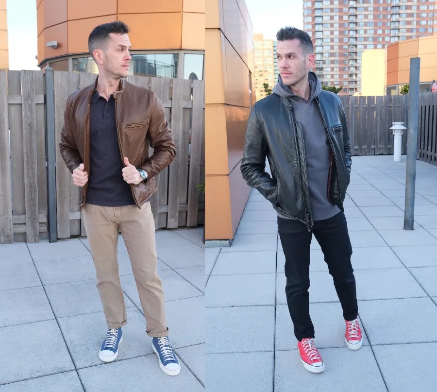 Leather jackets with chuck taylors streetwear