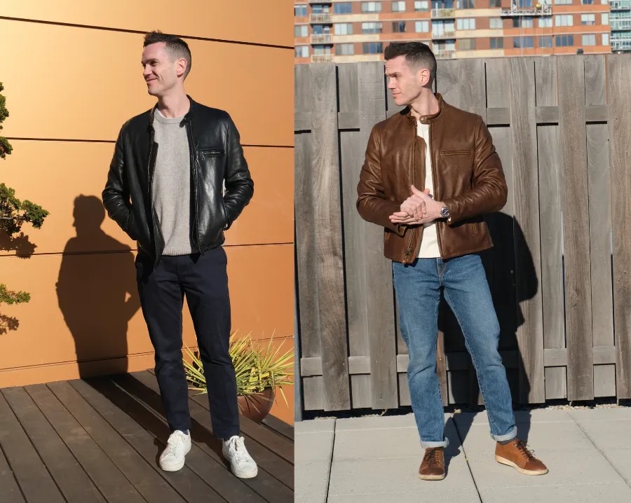 Modern leather jacket outfit with sneakers 1