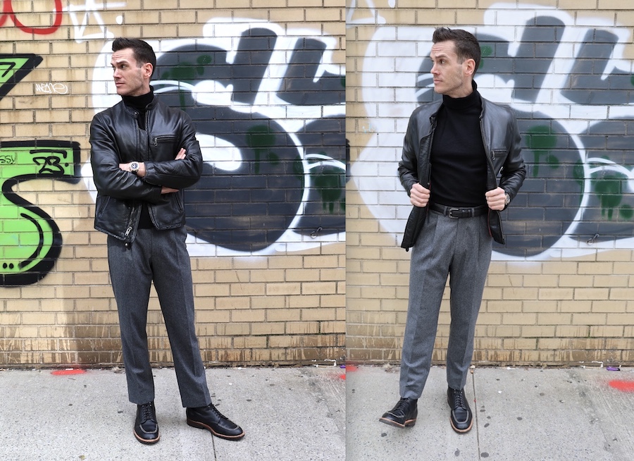 Schott racer jacket black turtleneck boots
