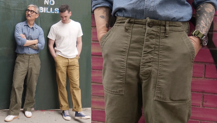 Green fatigue trousers sateen