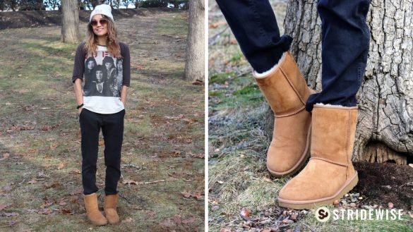 Ugg boots review, left women standing in ramons t-shirt, black jeans, and ugg boots.